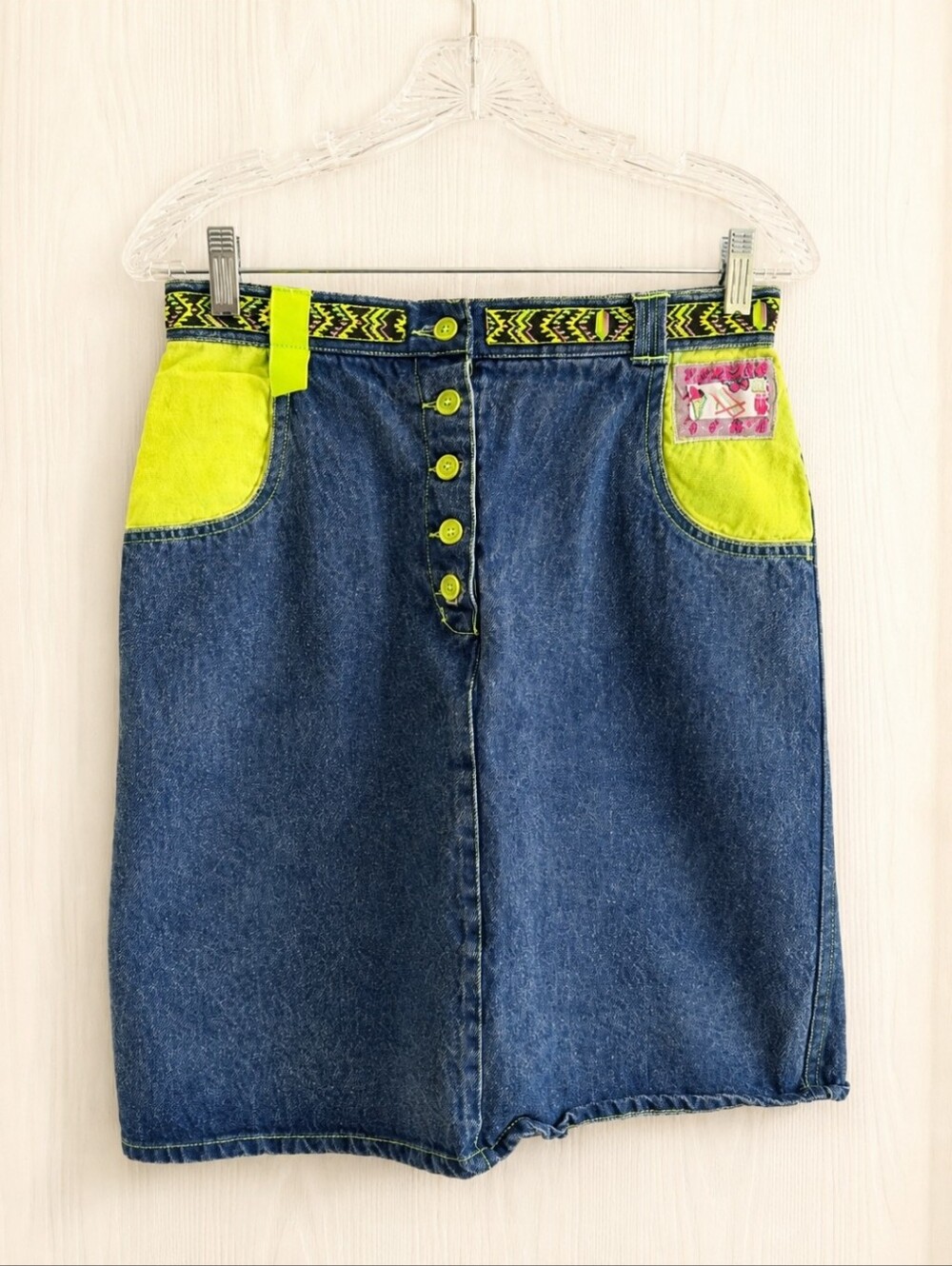 40 | Vintage Denim Skirt US 8/10 Neon Green Stitching Y2K 100% Cotton - Picture 4 of 10